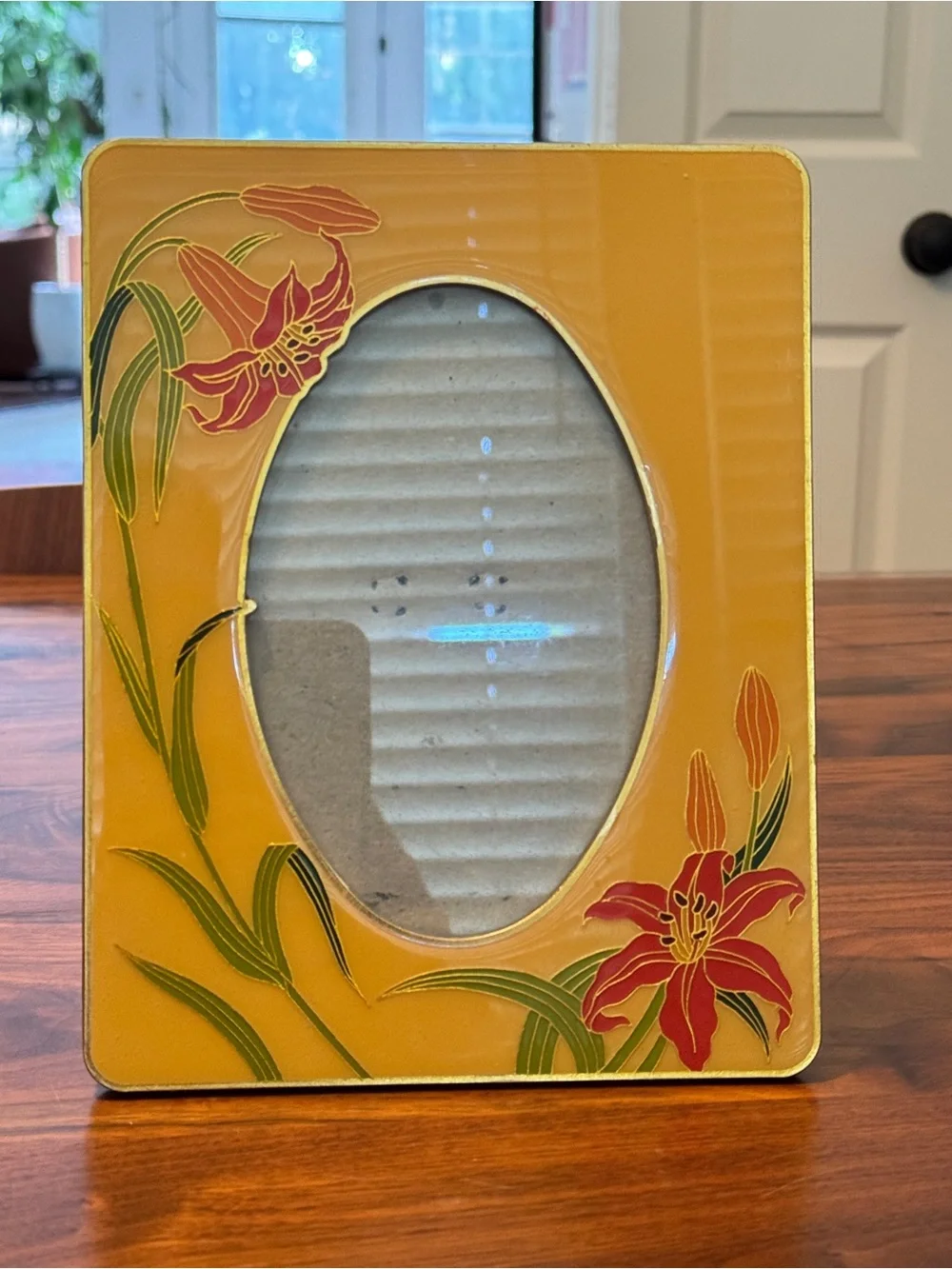 80S Cloisonne Enamel Lily Photo Picture Frame Yellow Orange Floral Flower